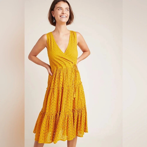 FRYE x ANTHROPOLOGIE Nuri Eyelet Wrap Dress in Dark Yellow‎ - Picture 1 of 10